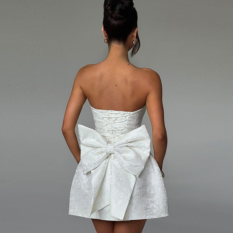 Fleurie Mini-robe pour femme | Robe jacquard sans bretelles avec noeud & laçage pour les occasions spéciales