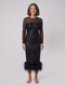 Vestido midi de lentejuelas para mujer con ribete de plumas | Vestido de noche de malla de manga larga para fiestas de Navidad y eventos festivos