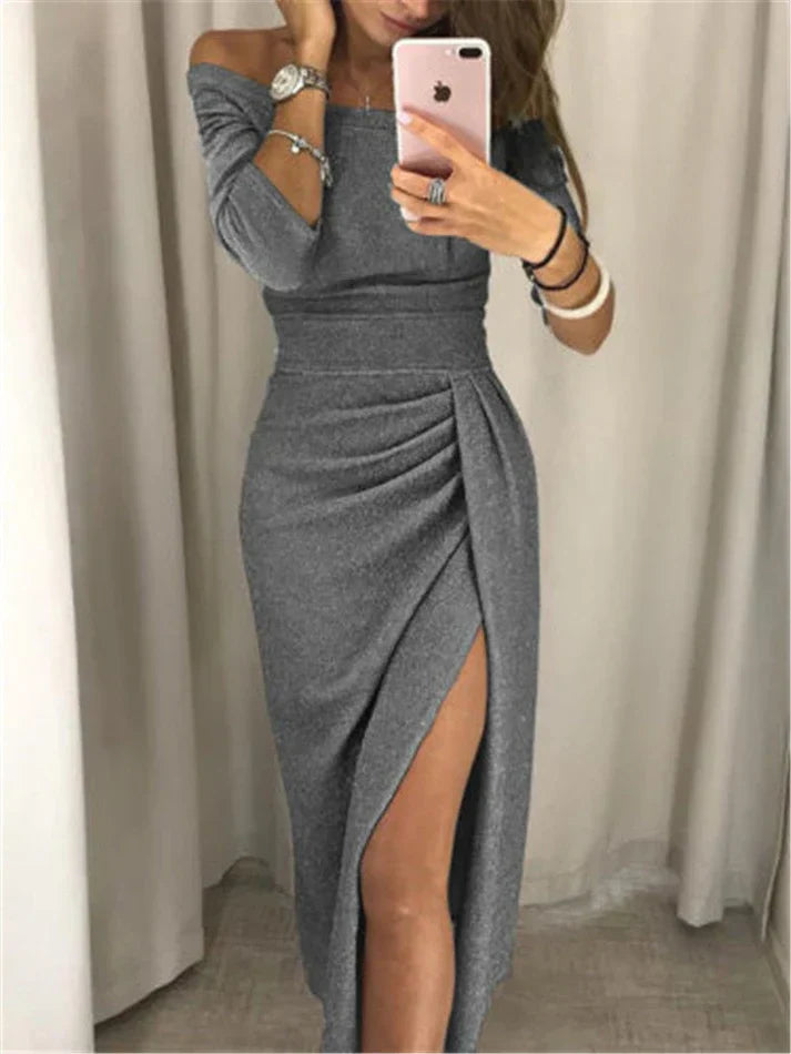 Vestido Nola con purpurina para fiestas y galas | Diseño de hombros descubiertos con abertura y drapeado favorecedor