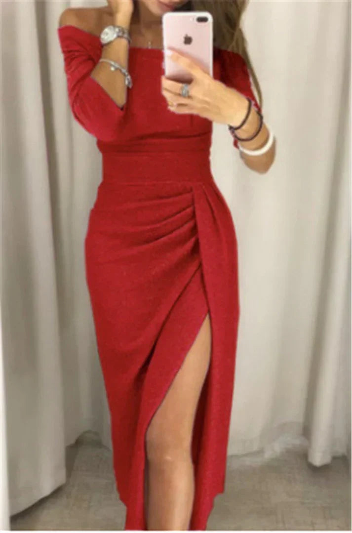 Vestido Nola con purpurina para fiestas y galas | Diseño de hombros descubiertos con abertura y drapeado favorecedor