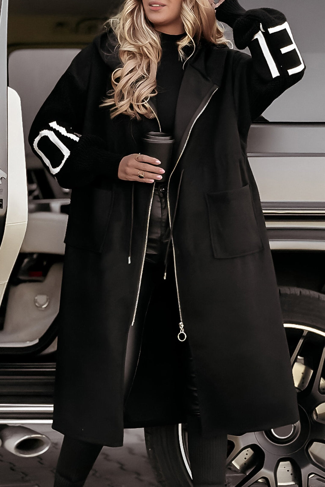 Mariot Veste Longue Femme Chic avec Capuche | Manches Tricotées & Fermeture Éclair