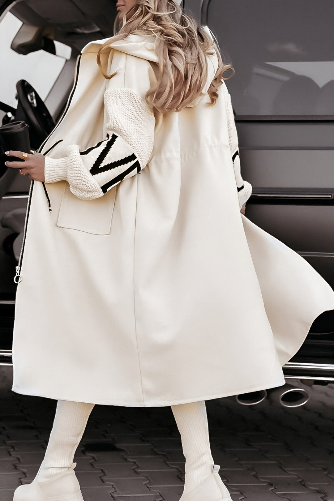 Mariot Veste Longue Femme Chic avec Capuche | Manches Tricotées & Fermeture Éclair