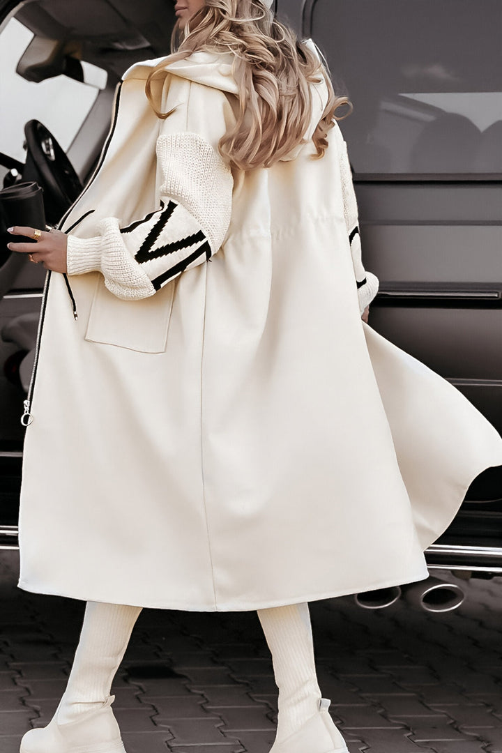 Mariot Veste Longue Femme Chic avec Capuche | Manches Tricotées & Fermeture Éclair