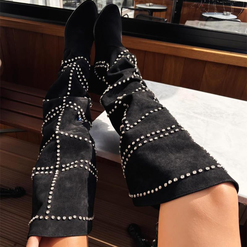Rye Bottes Femme en Daim avec Strass | Style Glamour & Confort Luxueux Idéal Soirée & Fête