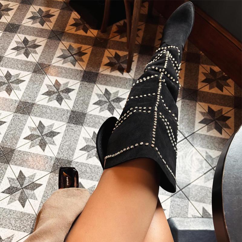 Rye Bottes Femme en Daim avec Strass | Style Glamour & Confort Luxueux Idéal Soirée & Fête