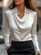 Blusa de satén para mujer con escote drapeado – Top elegante de manga larga para el trabajo y las noches