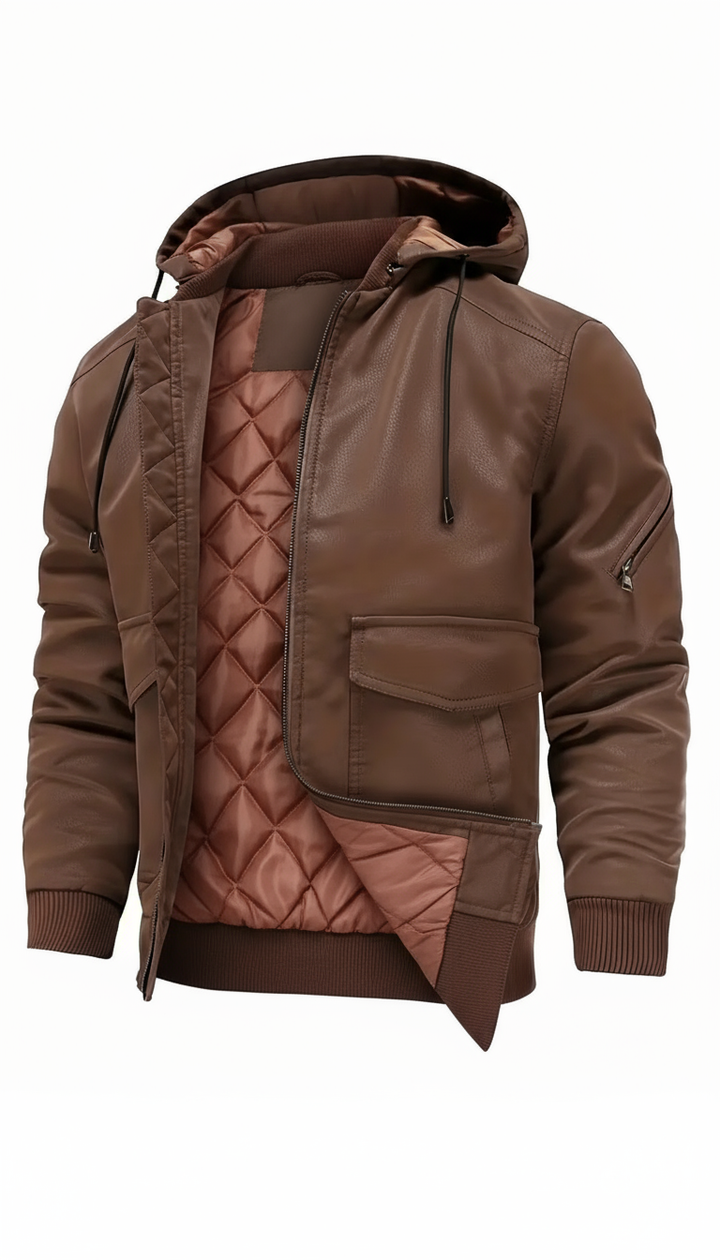 Veste intermédiaire homme aspect cuir velours avec capuche réglable et doublure matelassée