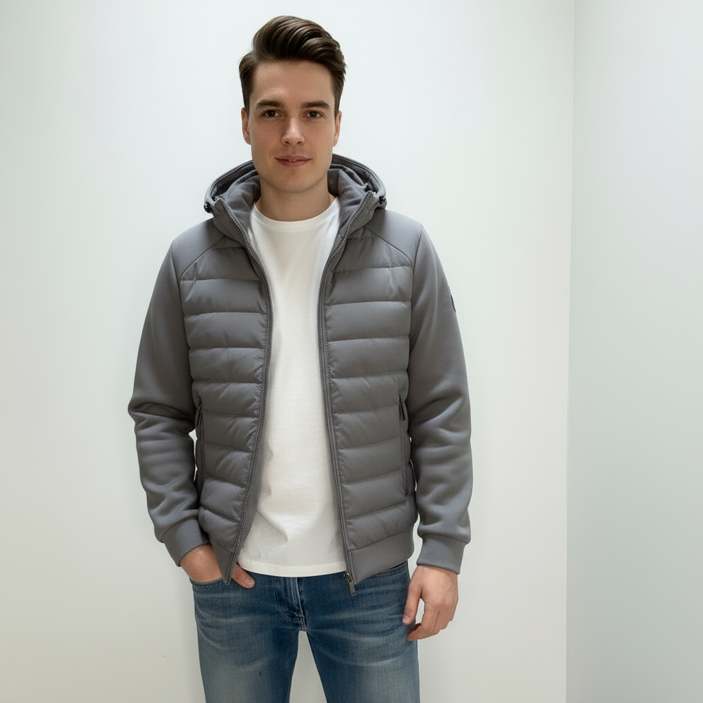 Veste matelassée homme légère avec capuche doublée et poches zippées style urbain