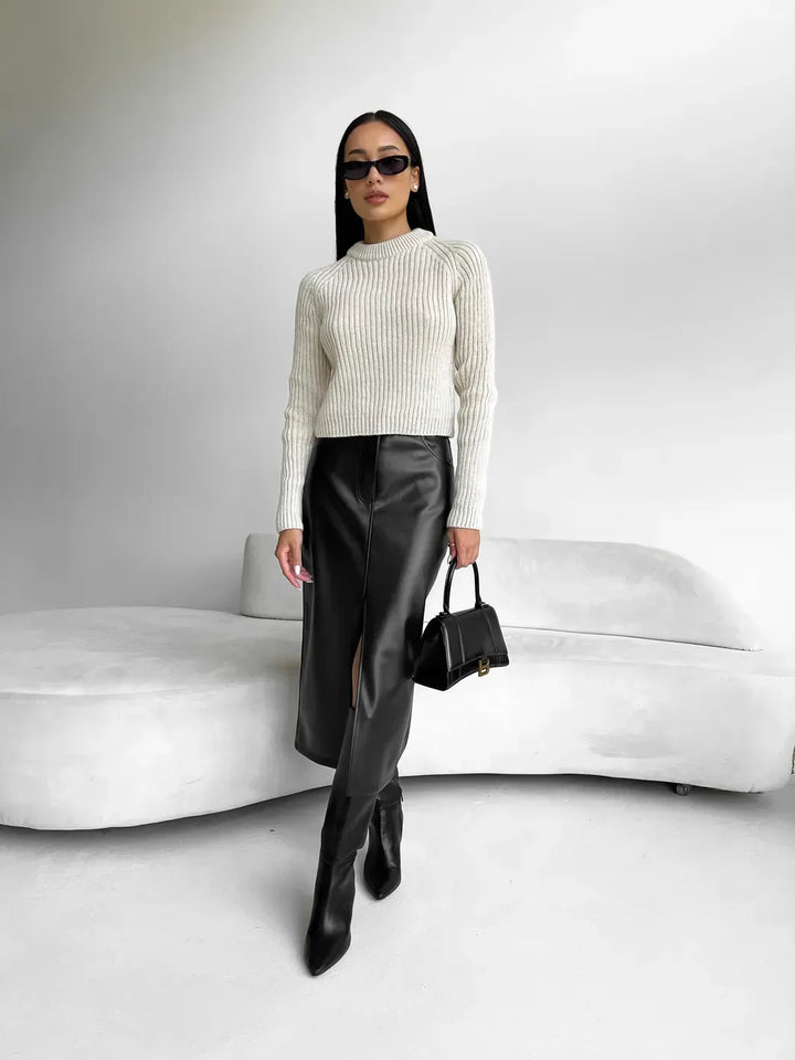 Patricia Femme Midi-jupe en cuir écologique | Jupe élégante à fente haute & aspect cuir