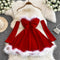 Vestido de Natal curto vermelho para mulher - Vestido evasé de manga comprida com acabamento felpudo