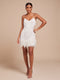 Minivestido con flecos para mujer y ribete de plumas | Vestido de cóctel con cuello en V y tirantes finos, ideal para fiestas y veladas