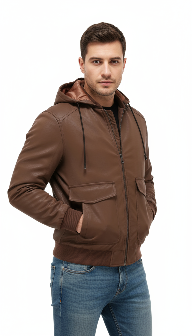 Veste intermédiaire homme aspect cuir velours avec capuche réglable et doublure matelassée