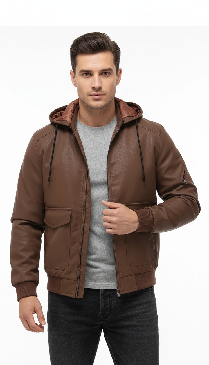 Veste intermédiaire homme aspect cuir velours avec capuche réglable et doublure matelassée
