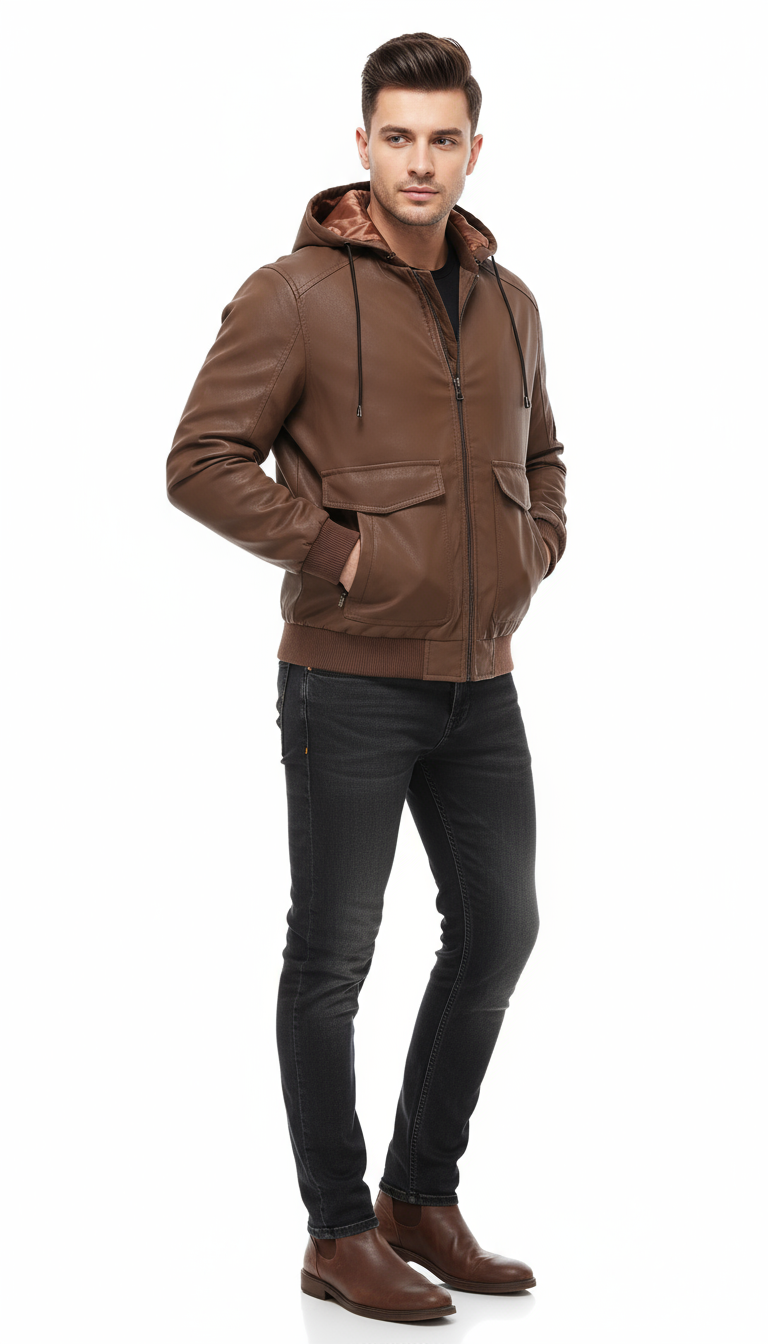Veste intermédiaire homme aspect cuir velours avec capuche réglable et doublure matelassée