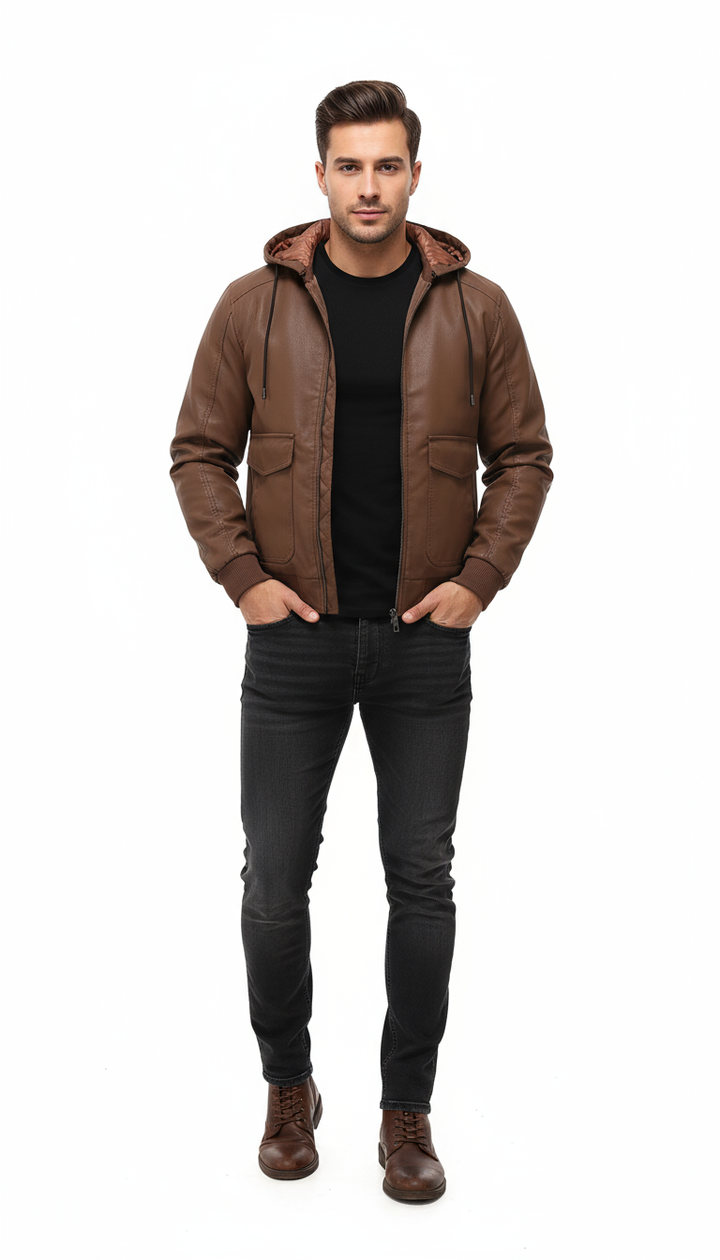 Veste intermédiaire homme aspect cuir velours avec capuche réglable et doublure matelassée