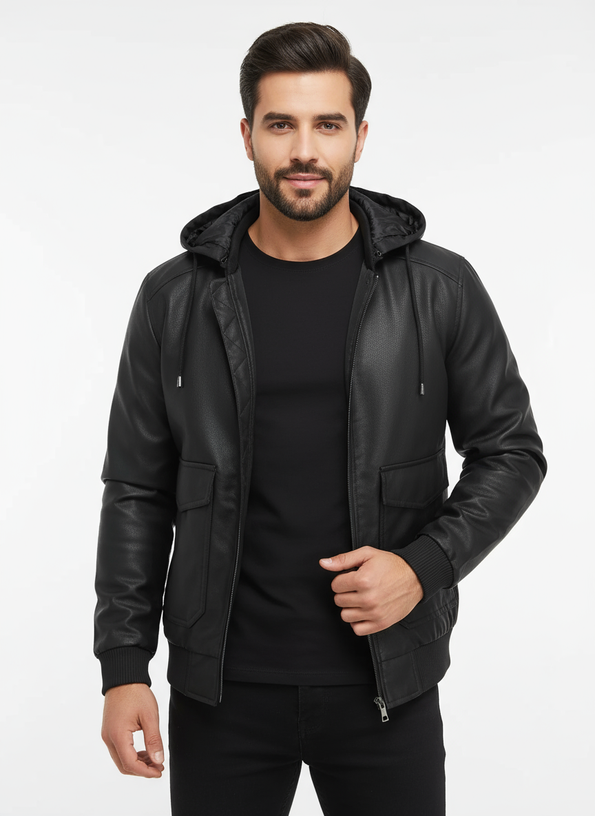 Veste intermédiaire homme aspect cuir velours avec capuche réglable et doublure matelassée