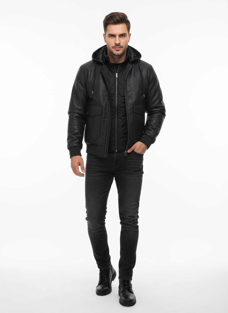 Veste intermédiaire homme aspect cuir velours avec capuche réglable et doublure matelassée