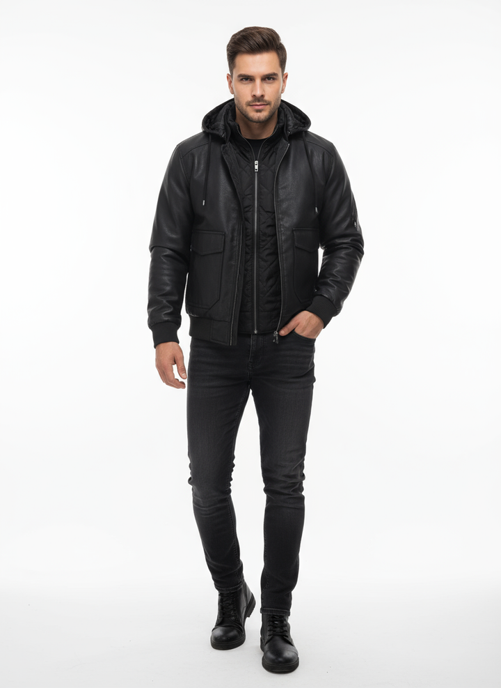 Veste intermédiaire homme aspect cuir velours avec capuche réglable et doublure matelassée