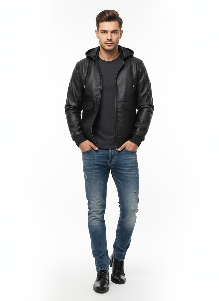 Veste intermédiaire homme aspect cuir velours avec capuche réglable et doublure matelassée