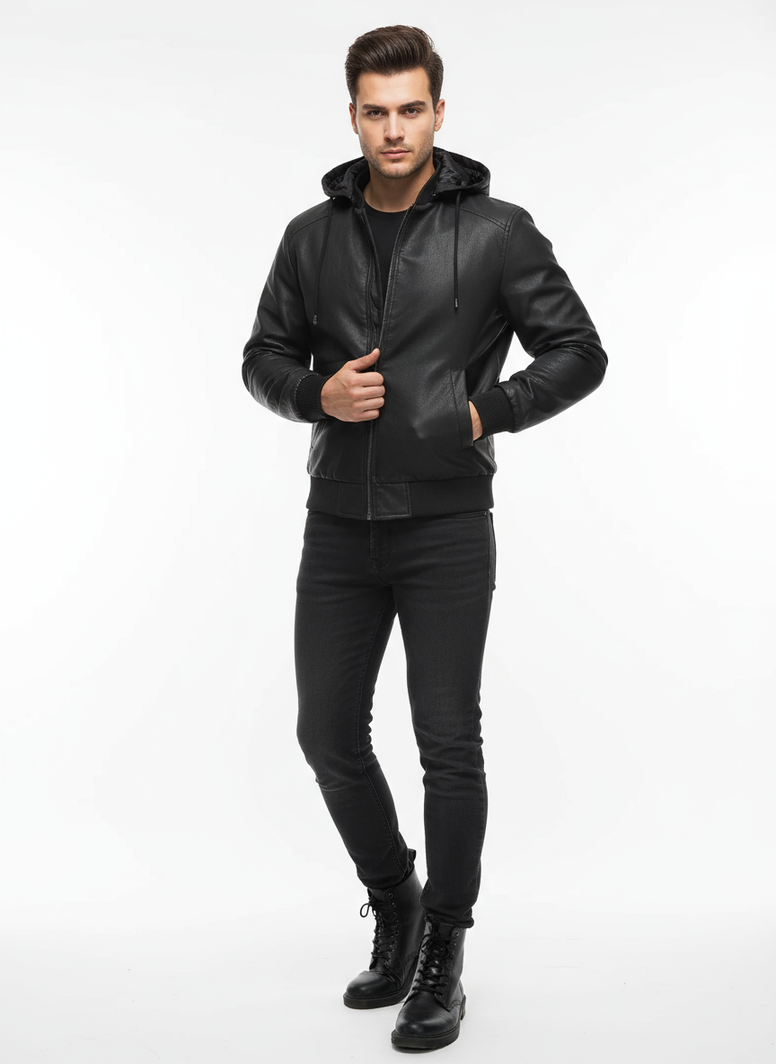 Veste intermédiaire homme aspect cuir velours avec capuche réglable et doublure matelassée