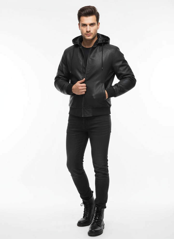 Veste intermédiaire homme aspect cuir velours avec capuche réglable et doublure matelassée